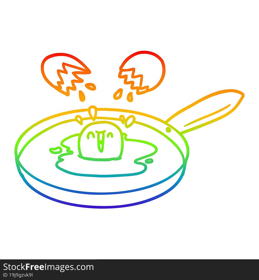 rainbow gradient line drawing of a cartoon egg frying