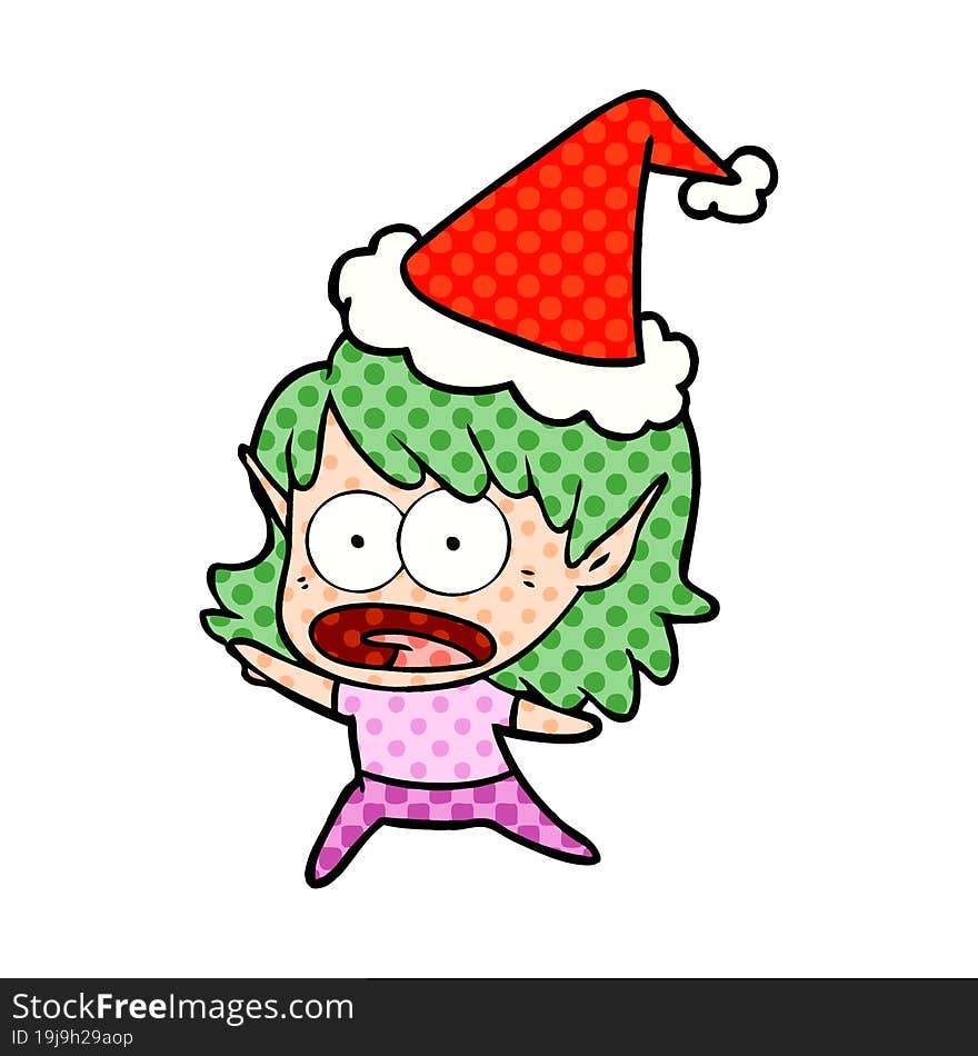 comic book style illustration of a shocked elf girl wearing santa hat