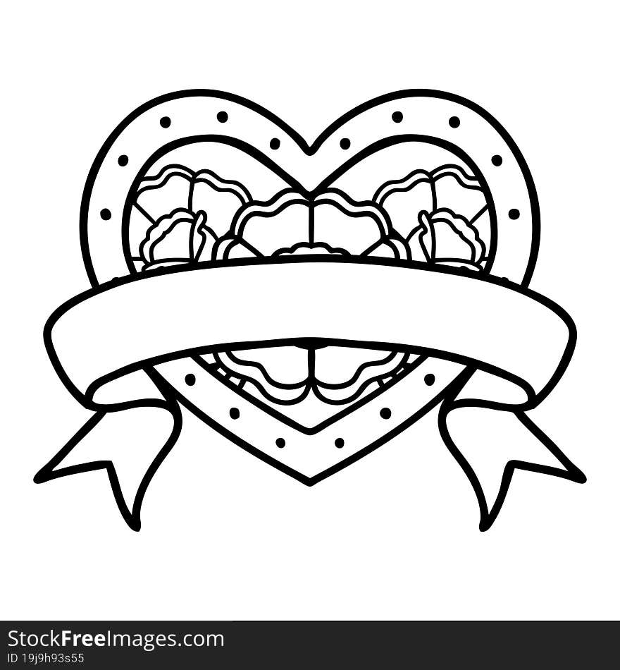 tattoo in black line style of a heart and banner with flowers. tattoo in black line style of a heart and banner with flowers