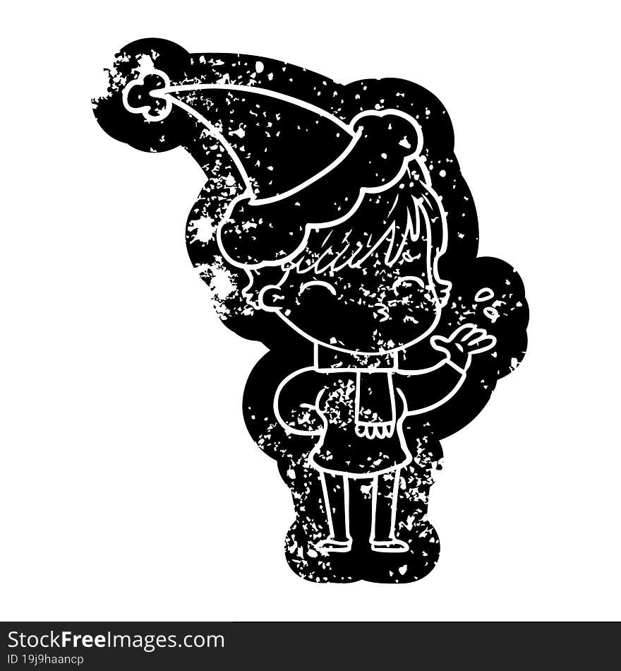 Cartoon Distressed Icon Of A Woman Thinking Wearing Santa Hat