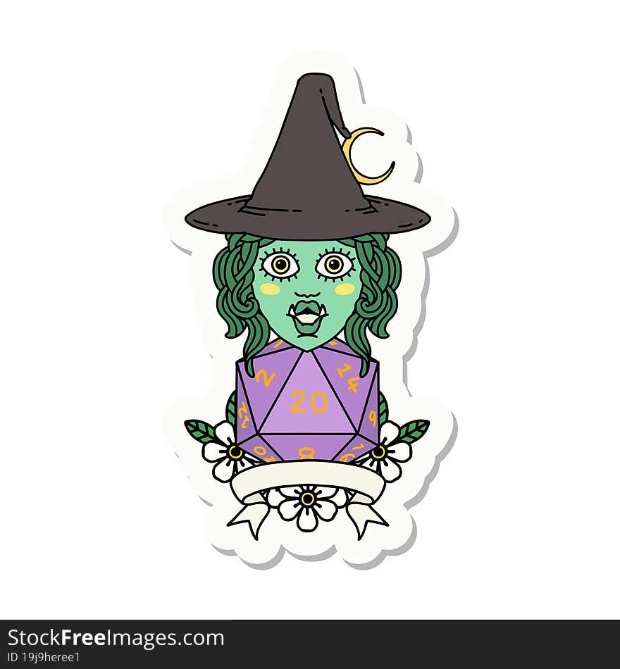 half orc witch character with natural 20 dice roll sticker