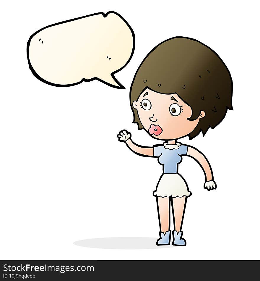 cartoon woman waving with speech bubble