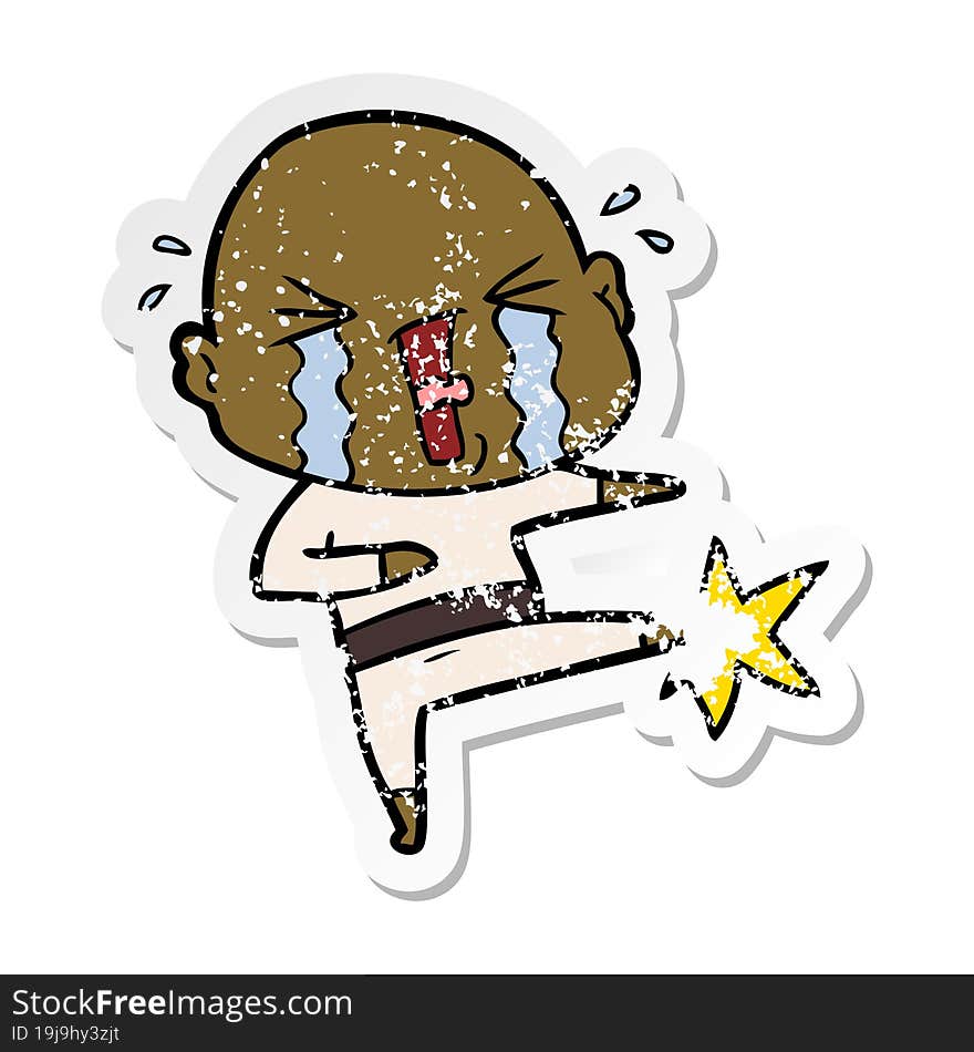 distressed sticker of a cartoon crying bald man