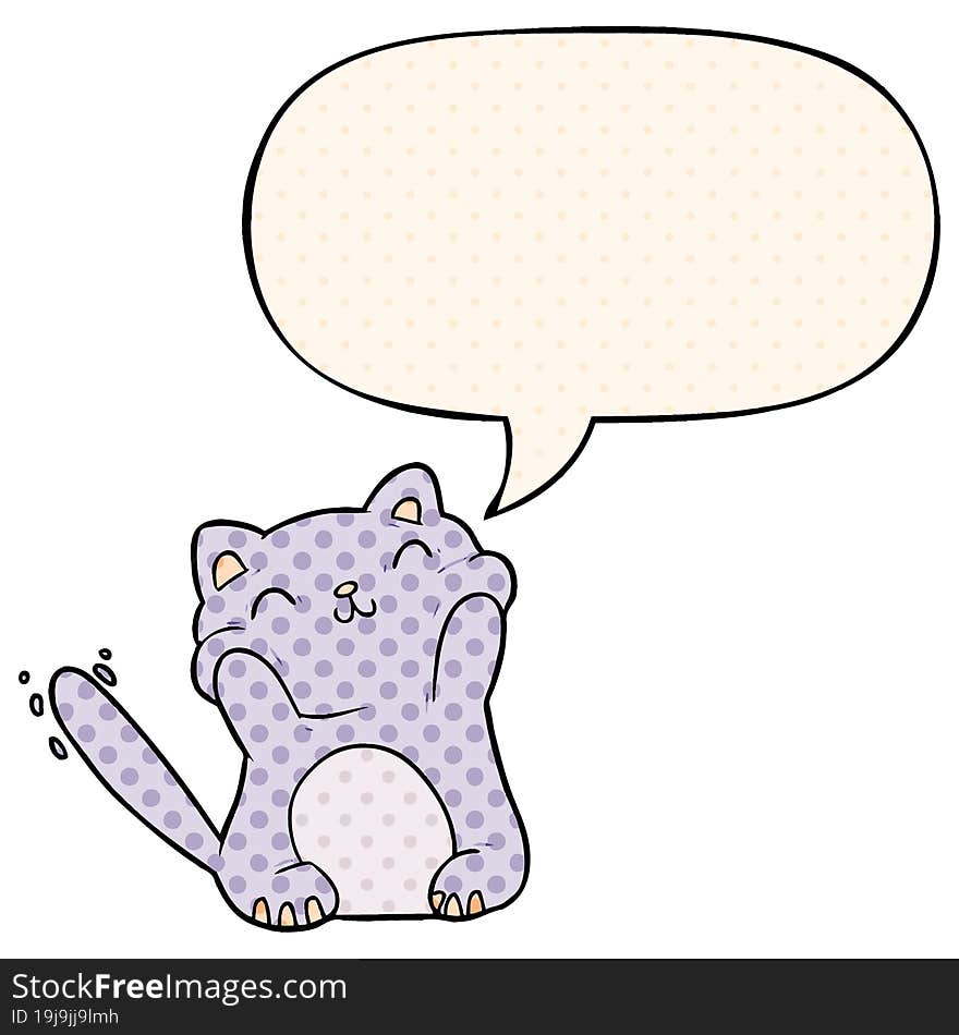 very happy cute cartoon cat  and speech bubble in comic book style