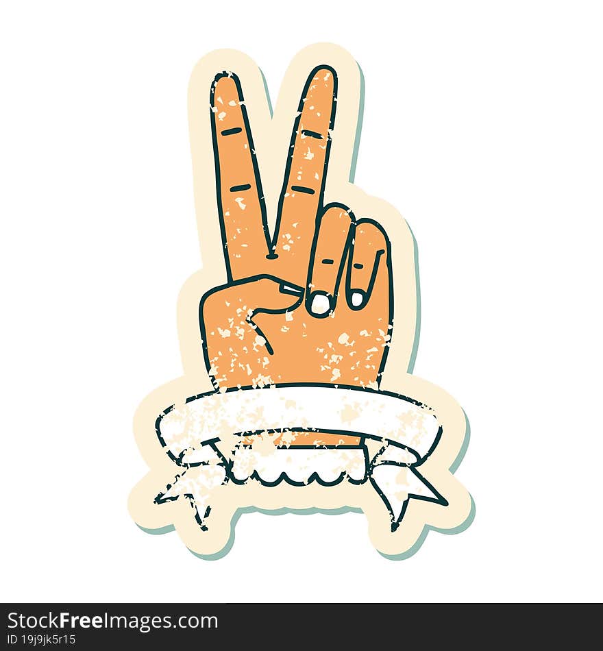 grunge sticker of a peace two finger hand gesture with banner. grunge sticker of a peace two finger hand gesture with banner