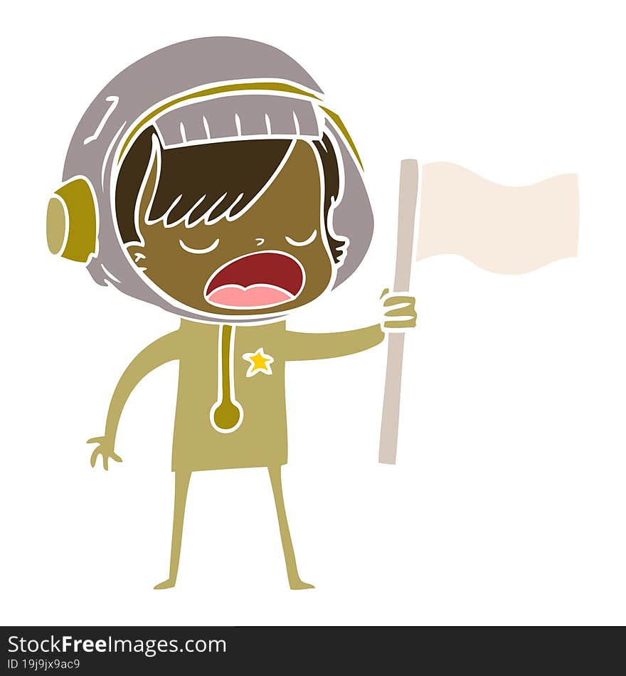 Flat Color Style Cartoon Astronaut Woman Waving Flag