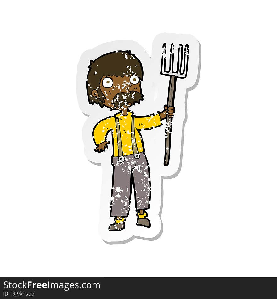 Retro Distressed Sticker Of A Cartoon Farmer With Pitchfork