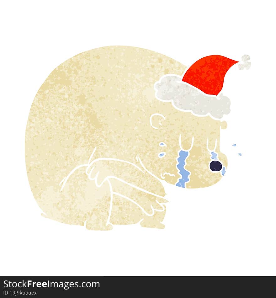 crying retro cartoon of a polar bear wearing santa hat