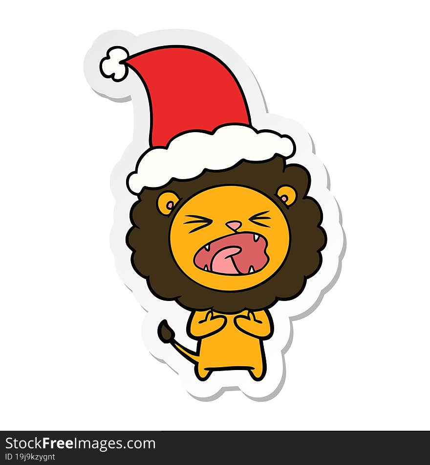 hand drawn sticker cartoon of a lion wearing santa hat