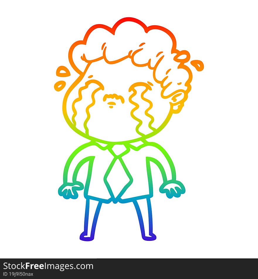 rainbow gradient line drawing of a cartoon man crying