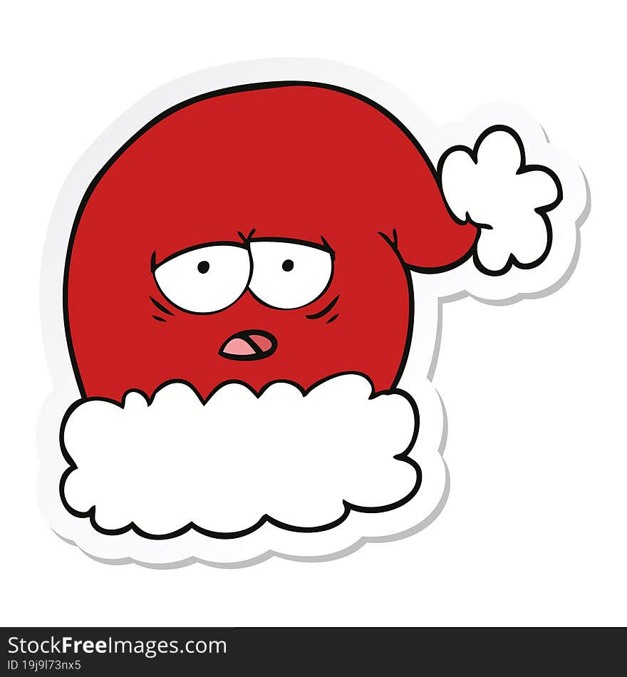 Sticker Of A Cartoon Christmas Santa Hat With Tired Face