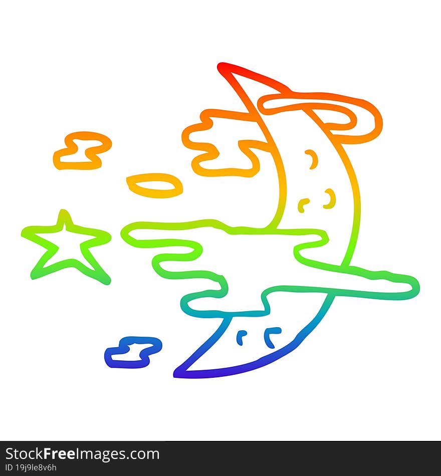 rainbow gradient line drawing cartoon spooky moon and clouds