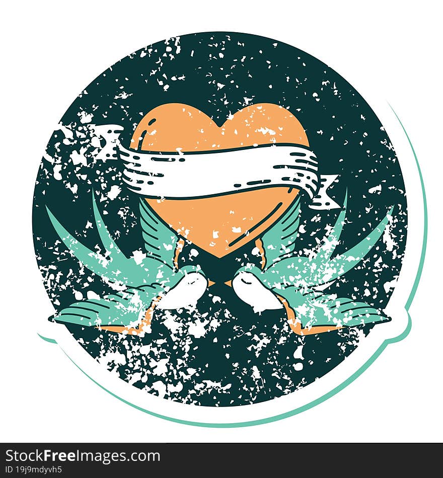 Distressed Sticker Tattoo Style Icon Of A Swallows And A Heart With Banner