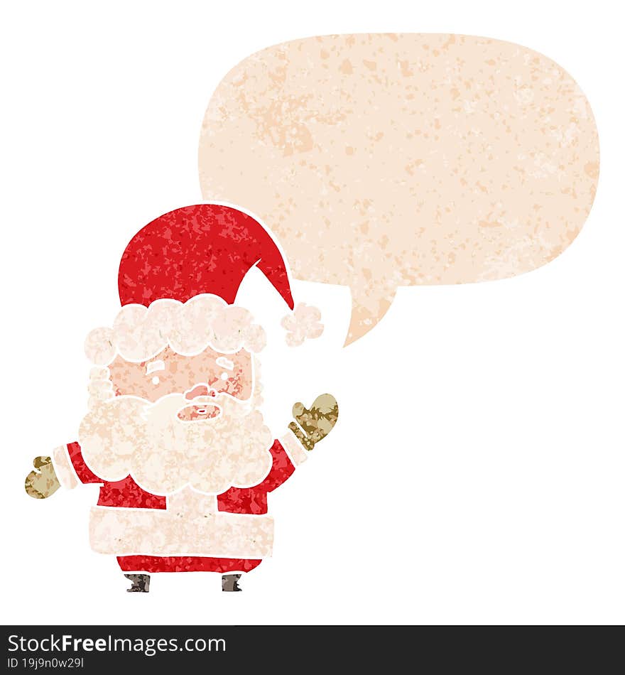 cartoon santa claus and speech bubble in retro textured style