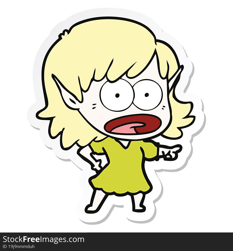 sticker of a cartoon shocked elf girl pointing