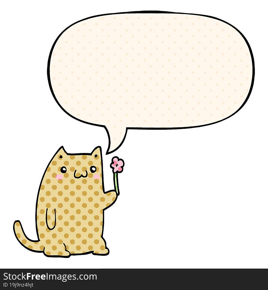 Cute Cartoon Cat And Flower And Speech Bubble In Comic Book Style