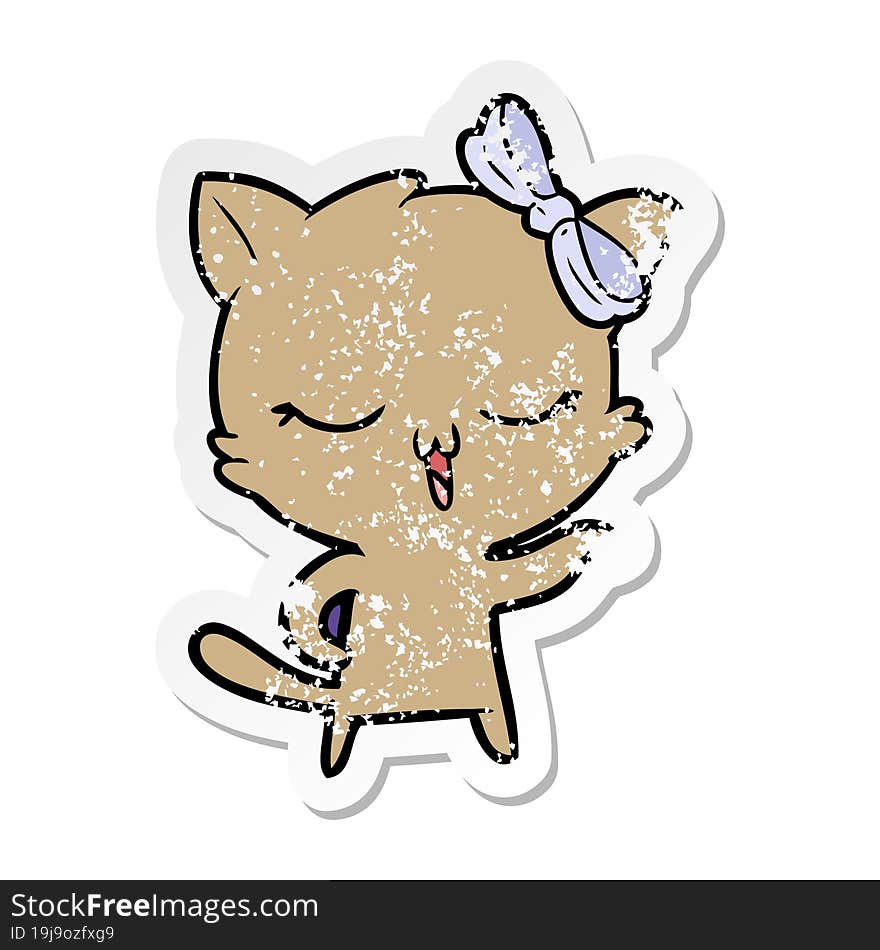 distressed sticker of a cartoon cat with bow on head