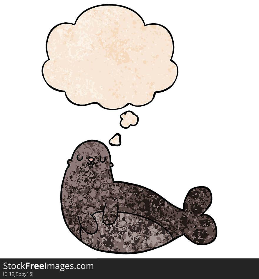 cartoon seal and thought bubble in grunge texture pattern style