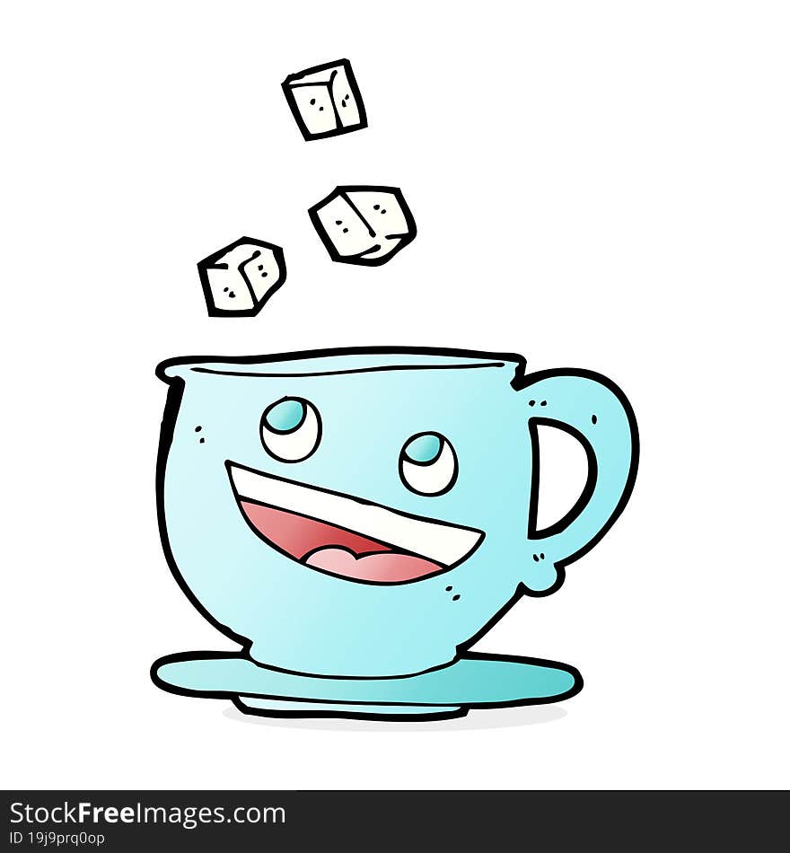 cartoon sugar lumps falling into tea cup. cartoon sugar lumps falling into tea cup