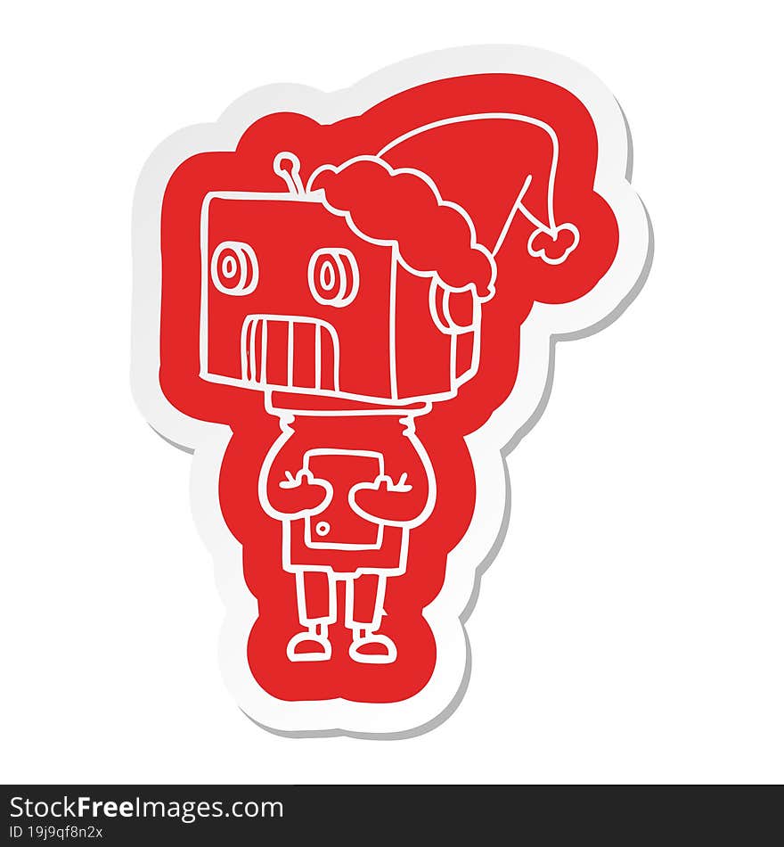 quirky cartoon  sticker of a robot wearing santa hat