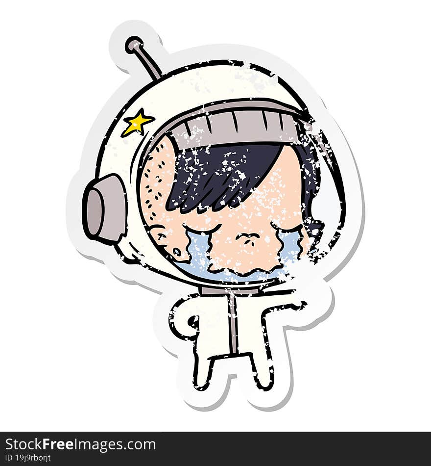 distressed sticker of a cartoon crying astronaut girl