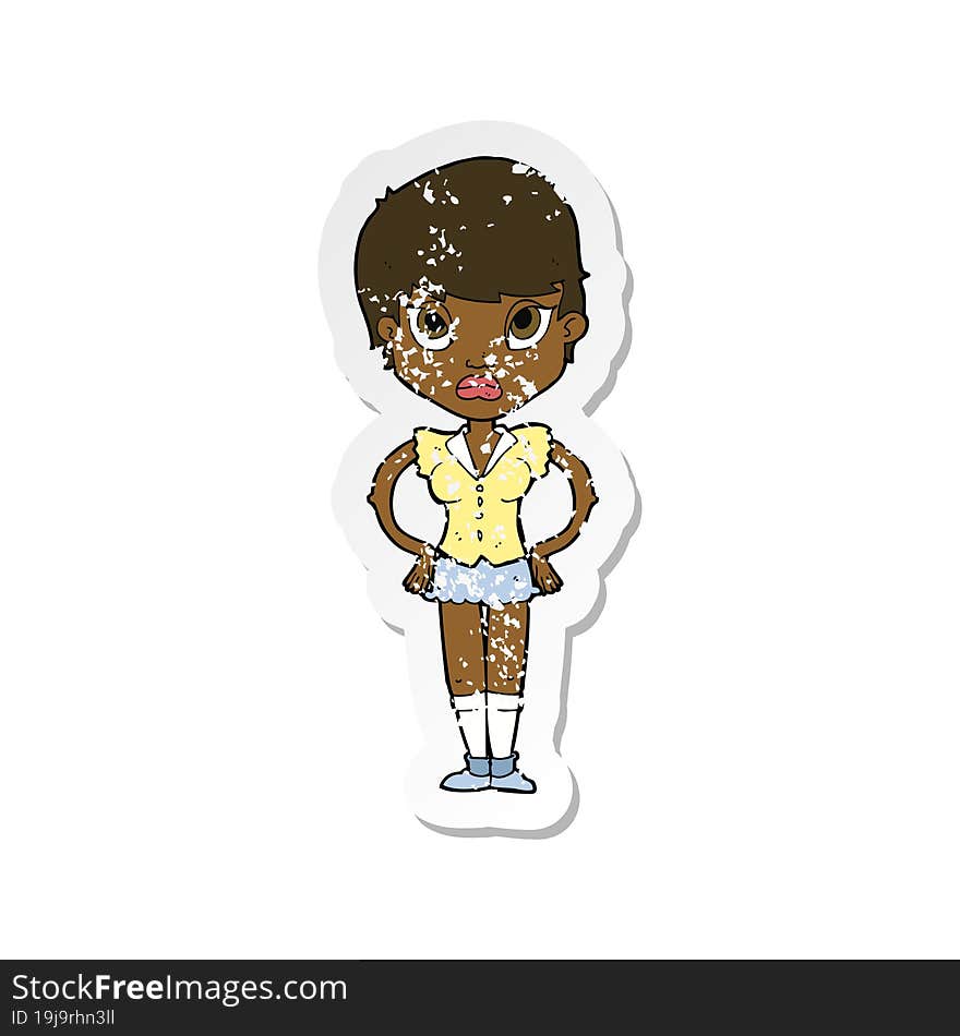 retro distressed sticker of a cartoon annoyed girl