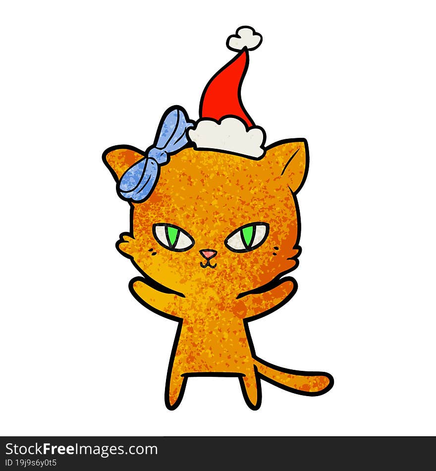 cute textured cartoon of a cat wearing santa hat