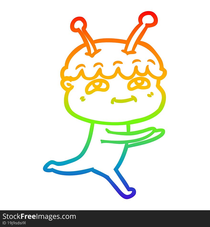 rainbow gradient line drawing of a friendly cartoon spaceman running