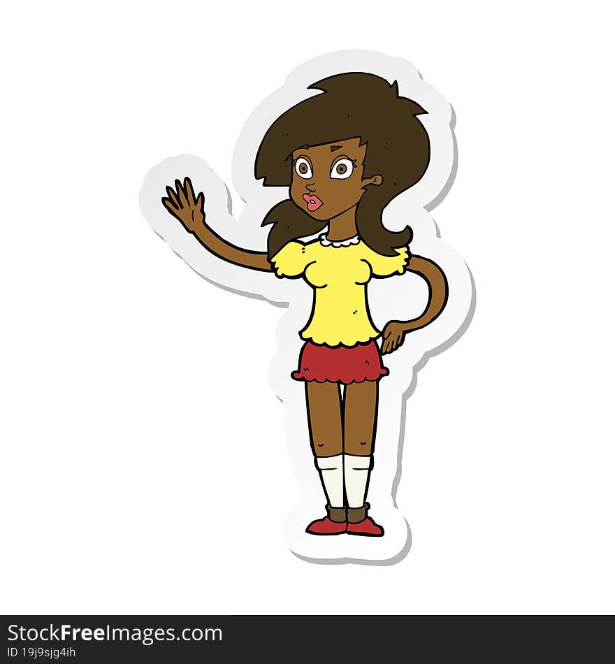 sticker of a cartoon pretty woman waving for attention