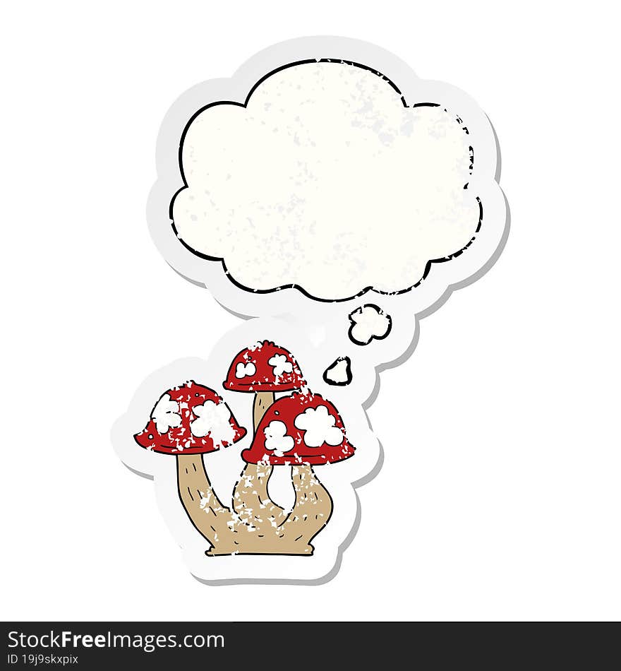 Cartoon Mushrooms And Thought Bubble As A Distressed Worn Sticker