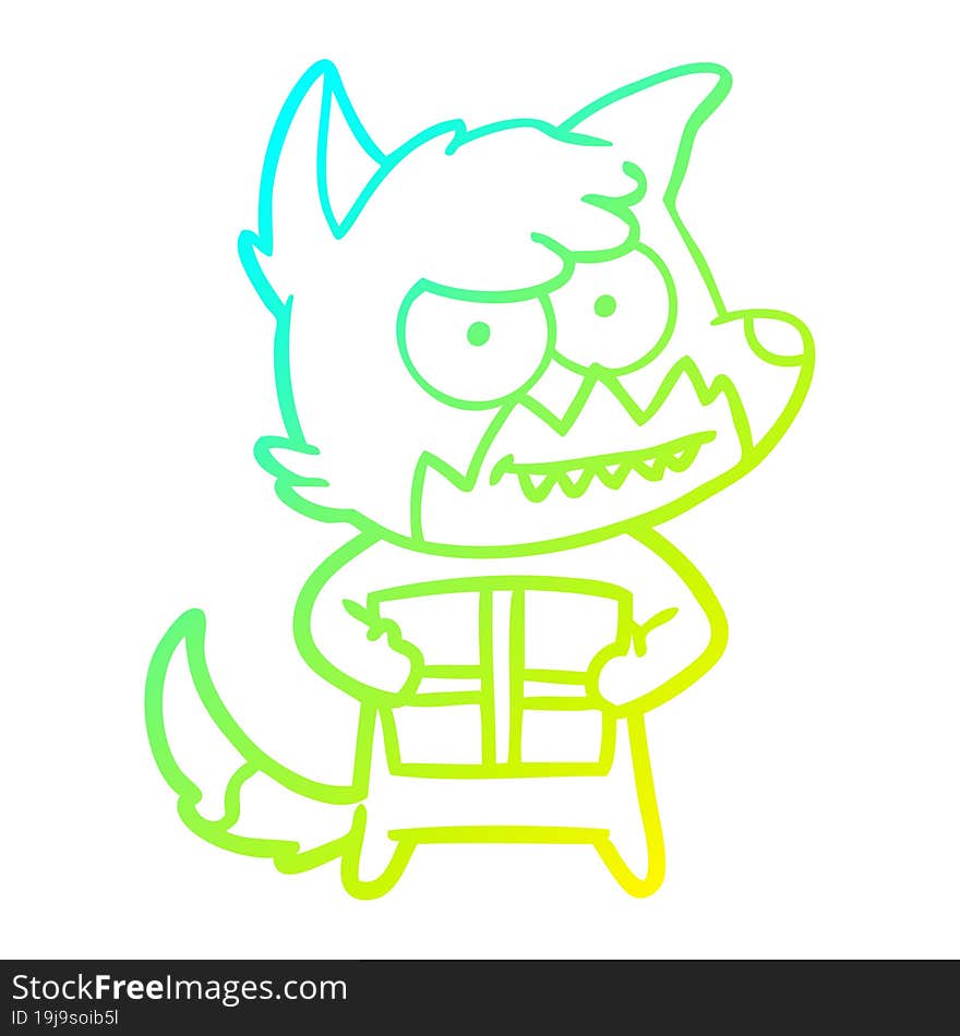 cold gradient line drawing of a cartoon grinning fox with present