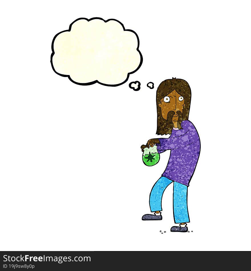 cartoon hippie man with bag of weed with thought bubble