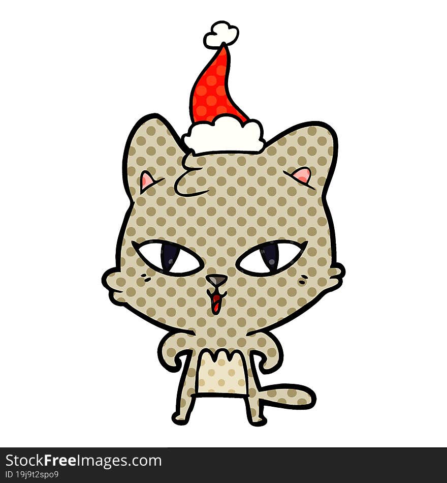 hand drawn comic book style illustration of a cat wearing santa hat