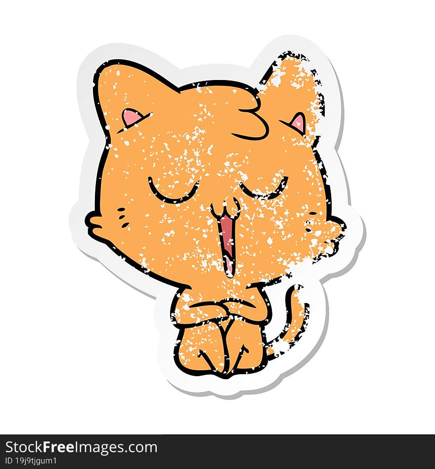 Distressed Sticker Of A Cartoon Cat Singing