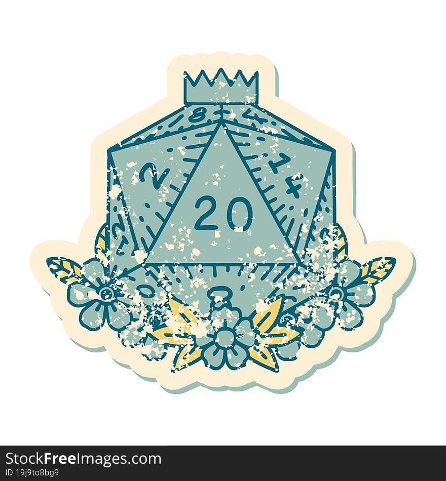 Natural 20 D20 Dice Roll With Floral Elements Illustration