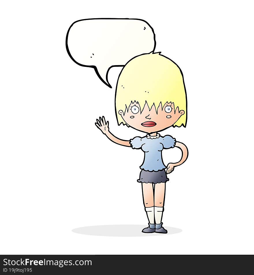 cartoon waving woman with speech bubble