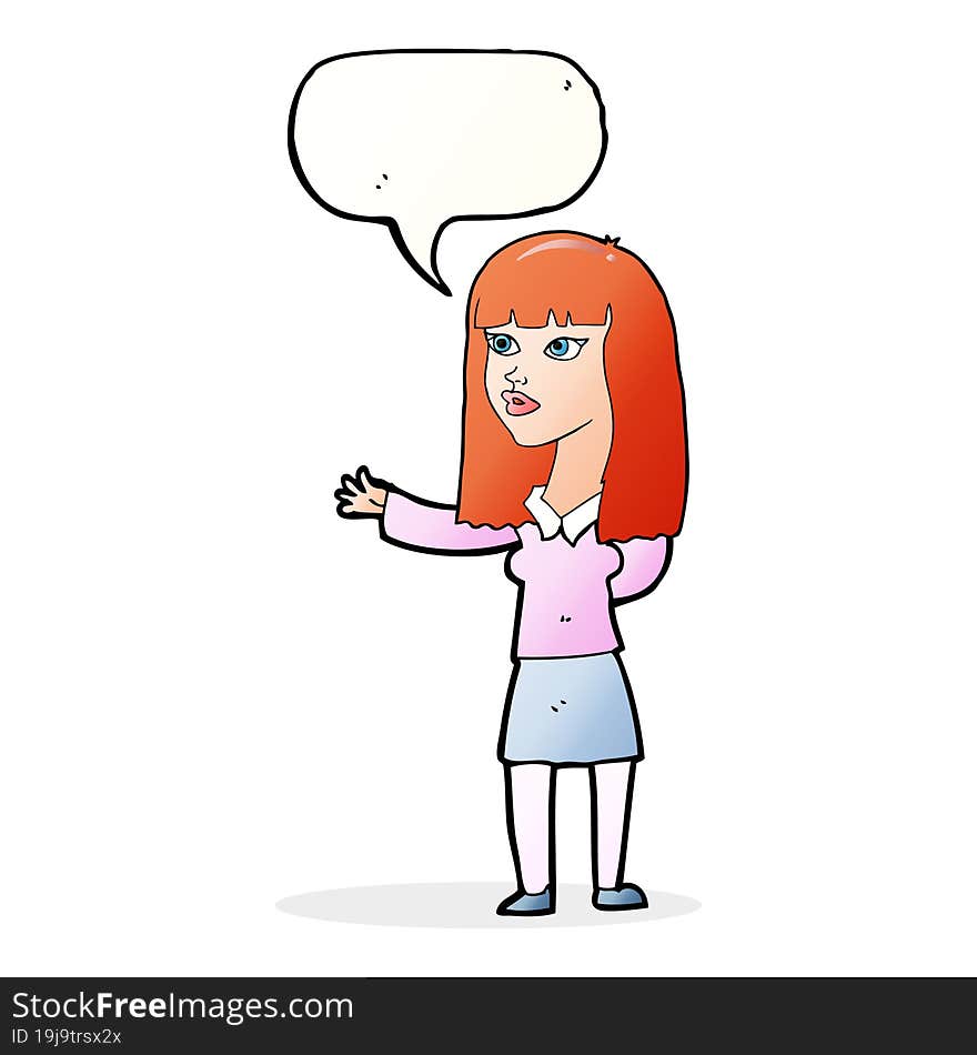 Cartoon Woman Gesturing To Show Something With Speech Bubble