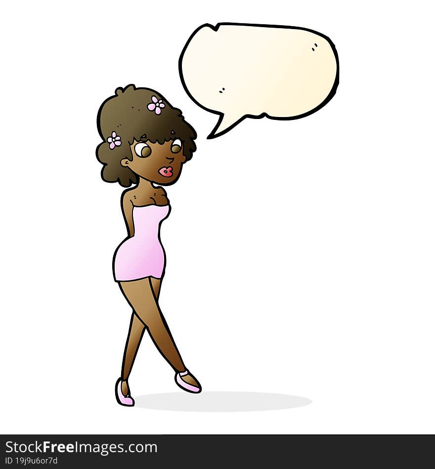 cartoon woman posing in dress with speech bubble