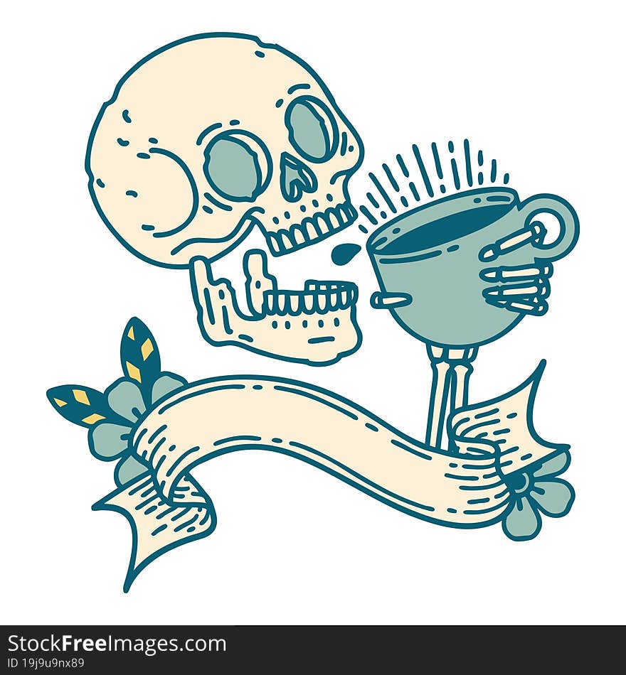 Tattoo With Banner Of A Skull Drinking Coffee