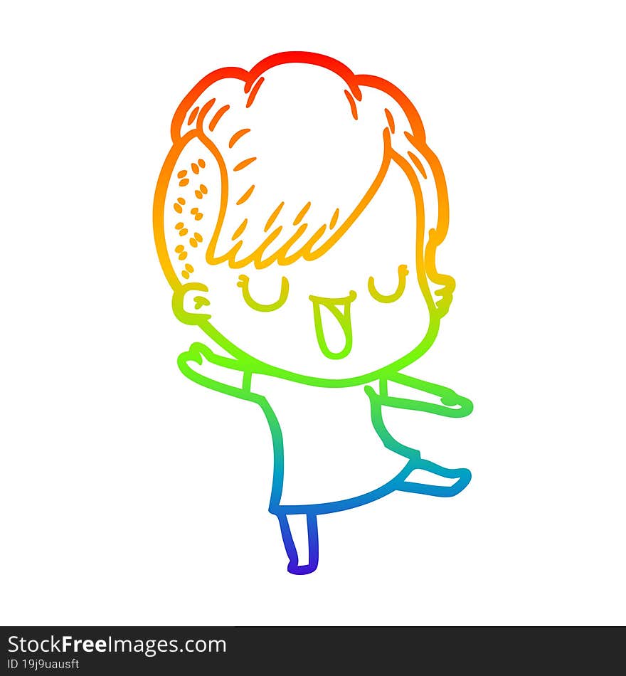 Rainbow Gradient Line Drawing Cute Cartoon Girl With Hipster Haircut