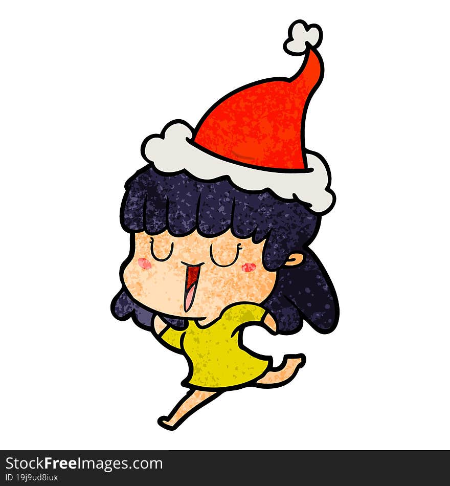 hand drawn textured cartoon of a woman wearing santa hat