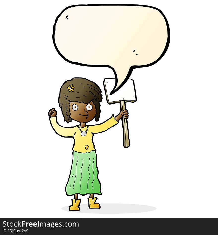 cartoon hippie girl with protest sign with speech bubble