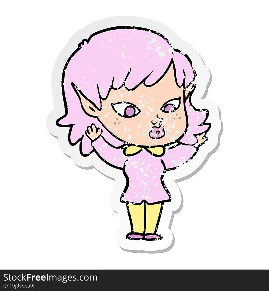 distressed sticker of a pretty cartoon elf girl