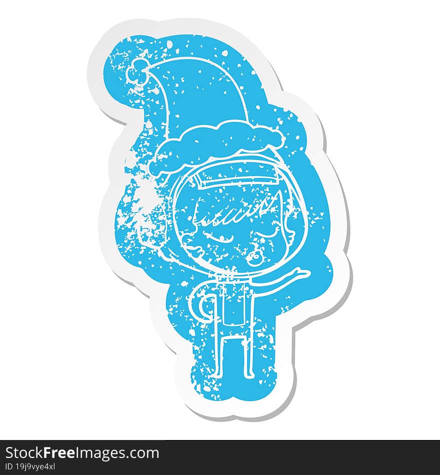 cartoon distressed sticker of a pretty astronaut girl wearing santa hat