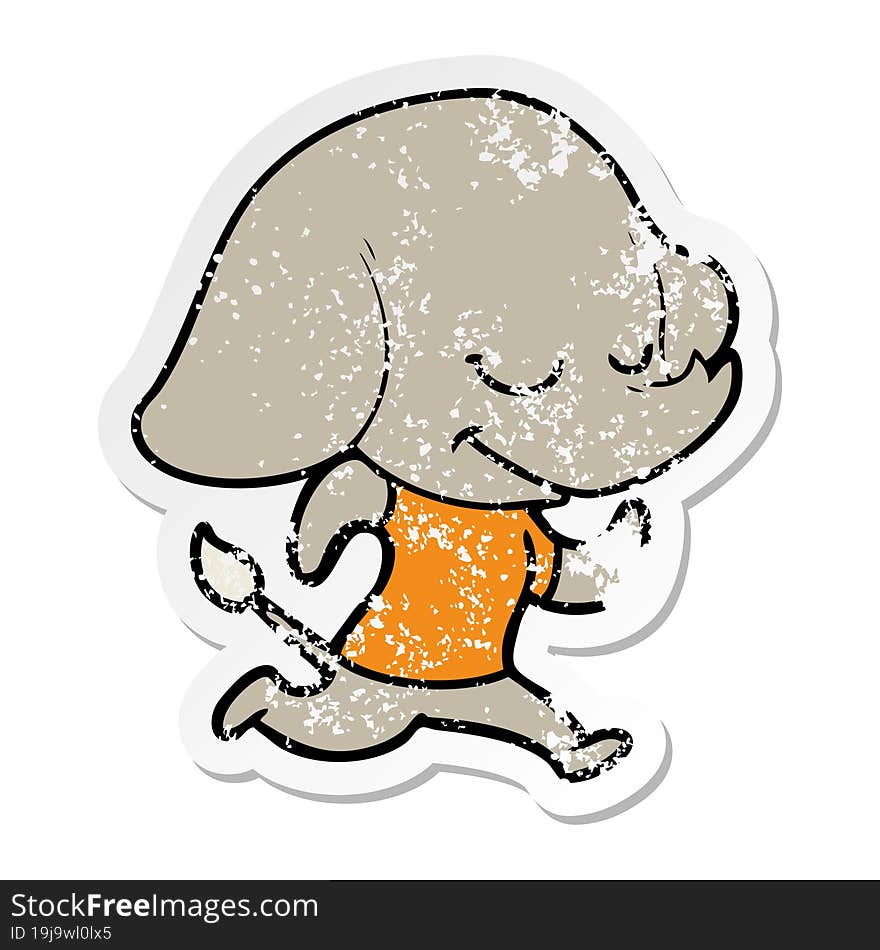 distressed sticker of a cartoon smiling elephant running