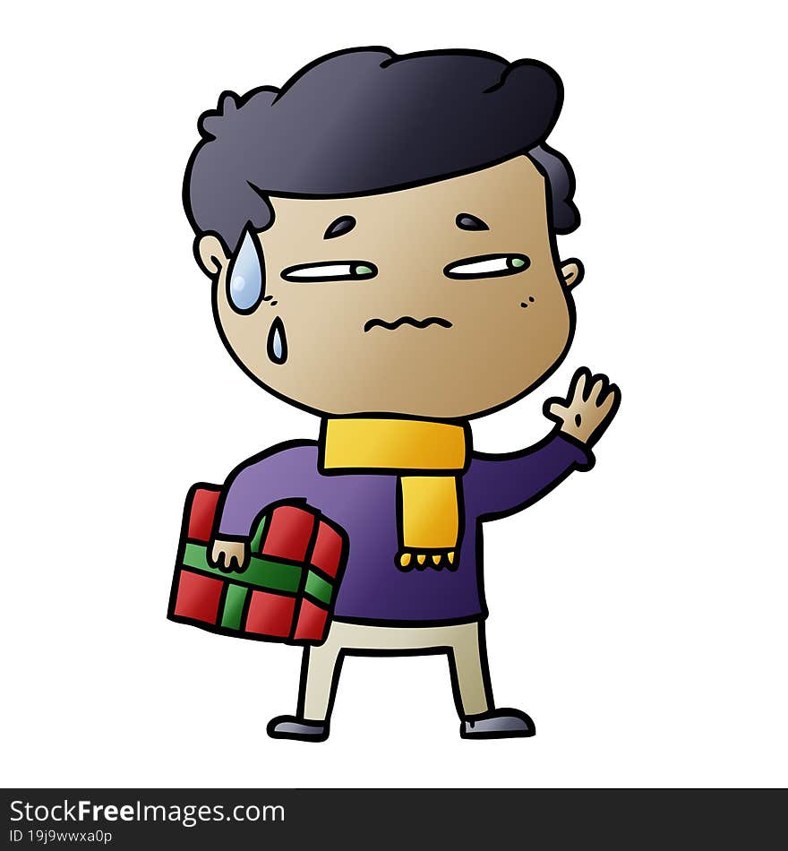 cartoon anxious man with christmas gift. cartoon anxious man with christmas gift