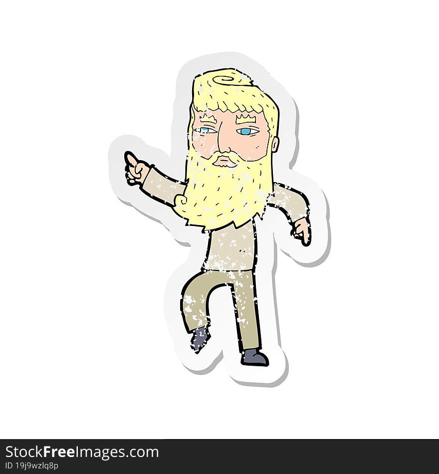 retro distressed sticker of a cartoon bearded man pointing the way