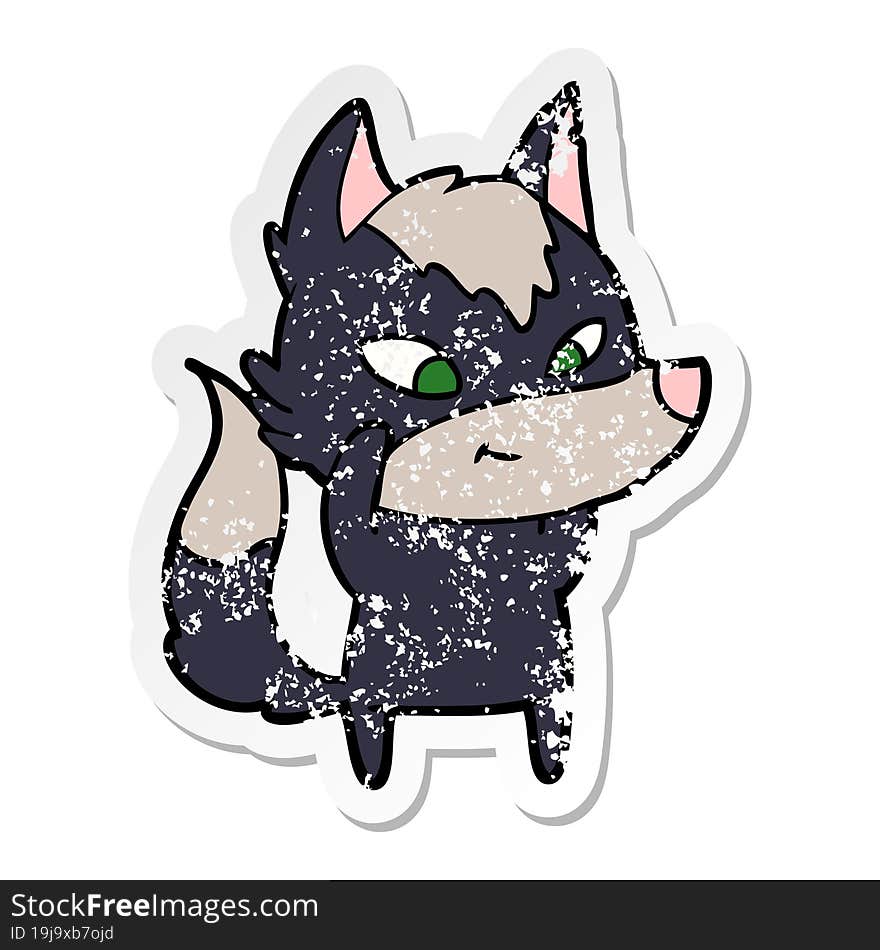 Distressed Sticker Of A Friendly Cartoon Wolf