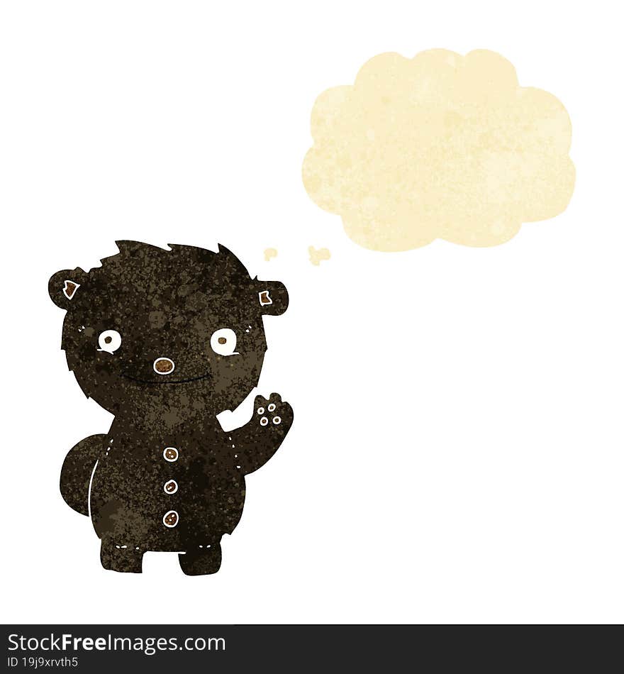 cartoon waving black bear with thought bubble