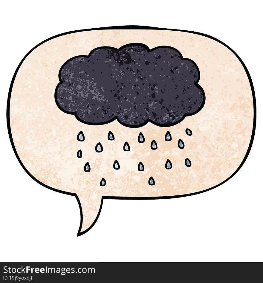 cartoon cloud raining and speech bubble in retro texture style